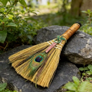 Macro detail of ritual altar broom with peacock feather, pink crystal, and dragon charm