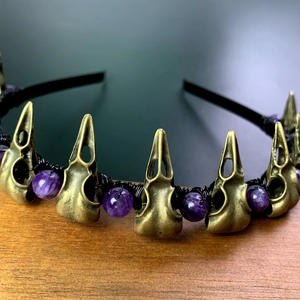 Detail of gothic crow skull headband with purple crystal beads and handmade wire wrapping