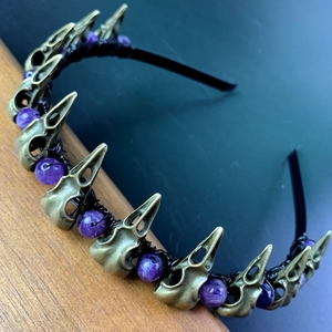 Handmade Gothic headband featuring bronze crow skulls and purple amethyst beads