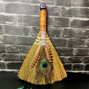 Handmade amethyst witch besom broom with peacock feathers and silver bee charm