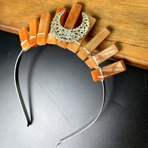 Handmade crown headband with orange natural stones and silver moon on black metal wire