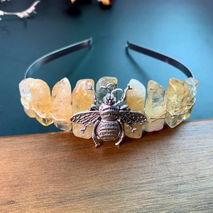 Handmade silver bee headband with natural raw yellow crystal stones in vintage style