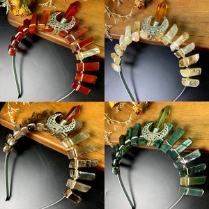Handmade Natural Raw Crystal Stone Crown Headband Boho Hollow Moon Wire Wrapped Bridal Tiara Witchy Forest Hair Jewelry