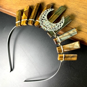 Handmade tiger eye crystal headband with silver moon charm and rectangular stones