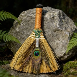 Macro detail of ritual broom featuring a bronze dragon pendant and natural peacock feather