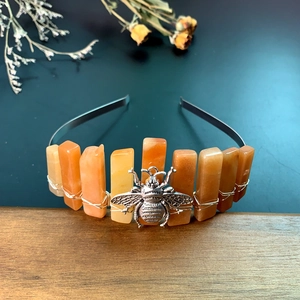 Handmade crown headband with orange crystals and silver bee charm for women