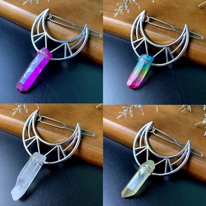 Bohemian Moon Hollow Alloy Hair Clips With Hexagonal Crystal Pillar Wire Wrapped Geometric Forest Style Hair Jewelry For Women