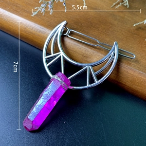 Natural purple crystal moon hair clip with silver geometric frame and wire wrap