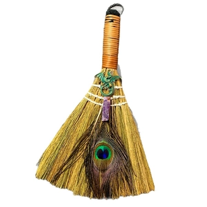 Altar besom broom with natural crystal, peacock feather and bronze dragon pendant