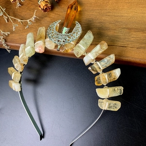 Handmade crystal crown headband with hollow moon pendant and raw yellow quartz crystals