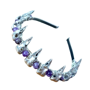Gothic silver headband with bird skulls and purple amethyst beads for Halloween costume