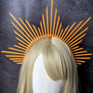 Golden sunburst halo crown headband with radial zip tie spikes for costumes