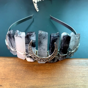 Handmade crown headband with raw black crystal quartz and silver filigree moon accent