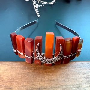 Detailed wire-wrapped carnelian stone headband with an antique silver crescent moon