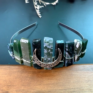 Handmade green crystal moon headband with wire-wrapped raw quartz for women