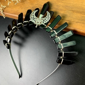 Handmade obsidian crystal crown headband with hollow moon centerpiece for bridal hair