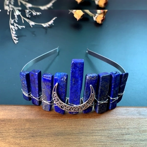 Handmade crown headband with dark blue natural crystals and a silver moon charm