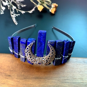 Handmade bohemian crown headband with raw blue lapis stones and silver crescent moon