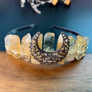 Handmade black moon headband with yellow raw crystals and vintage crescent moon charm