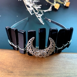 Detail of gothic crown headband with hand-wrapped black crystals and silver moon accent