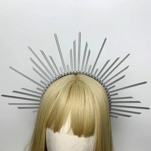 Silver Sunburst Halo Crown Headband with radiating zip chain spikes for women