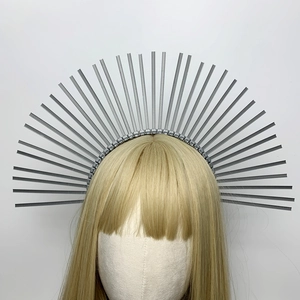 Silver halo crown headband with zip tie spikes on a blonde mannequin head model