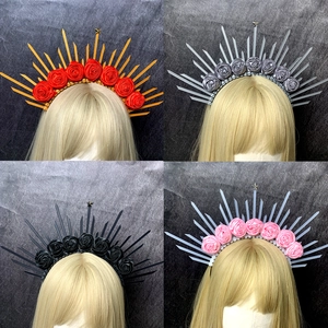 Retro Virgin Mary Sun Goddess Halo Crown Headband Plastic Resin Handmade Rose Flower Star Gothic Cosplay Halloween Party Hair Accessories For Women