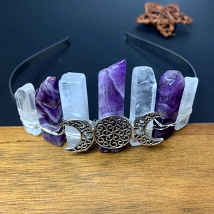 Handmade amethyst crystal headband with silver triple moon goddess crown for women