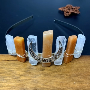 Handmade Gothic black moon headband with raw orange crystals and silver crescent detail