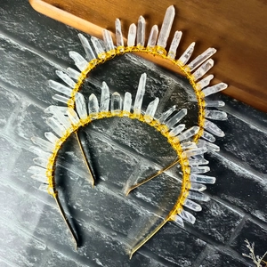 Handmade clear crystal crown headband set with gold metal wire for bridal party wear