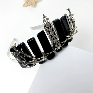 Handgefertigtes Gothic Obsidian Kronen Stirnband Silber Zweige Blume Kristall Tiara Dunkle Hexe Haarschmuck Für Damen Party