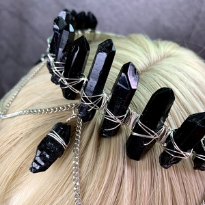 Gothic crown headband with black crystal points and silver chain tassels for women