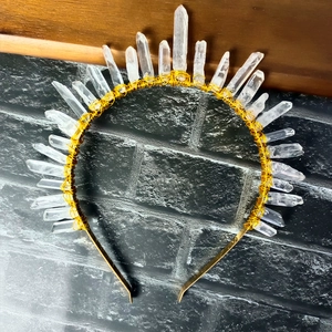 Handmade bridal crown with natural transparent crystal quartz points on golden headband
