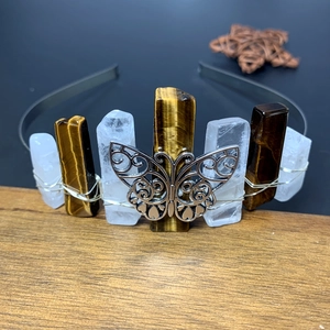 Bohemian crystal headband with silver butterfly and natural tiger eye stones for women
