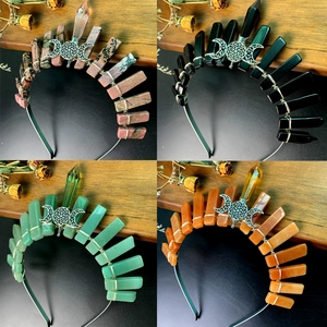 Handmade Natural Stone Crystal Crown Headband Triple Moon Hollow Design Bohemian Bridal Hair Accessories Witchy Tiara