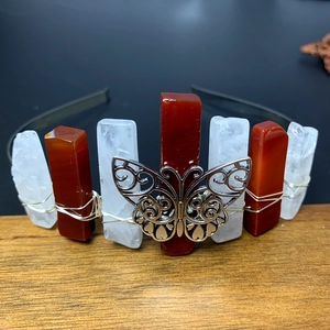 Handmade crown headband with red and white raw crystals and silver butterfly ornament