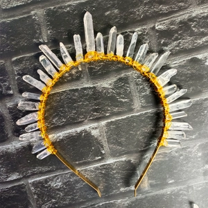Bohemian bridal tiara crown with natural white crystal quartz on a golden metal headband