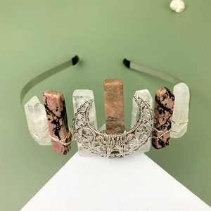 Detail of pink rhodonite and white quartz crystal crown with silver moon centerpiece