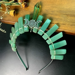 Handmade green crystal crown headpiece featuring hollow triple moon symbol for brides