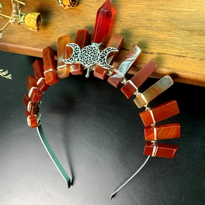 Handmade red crystal moon crown headband with silver hollow goddess filigree