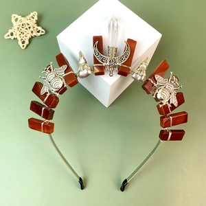 Handmade Crystal Red Agate Crown Headband With Moon Bee Alloy Accents Bohemian Mystic Style Hair Accessory For Women