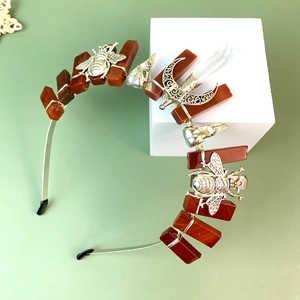 Bohemian silver headband with red agate stones, crescent moon and bee charms for women