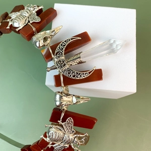 Bohemian crown with red agate stones, silver bee and moon charms on minimalist stand