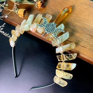 Bohemian raw crystal crown headband with amber stones and silver filigree detail