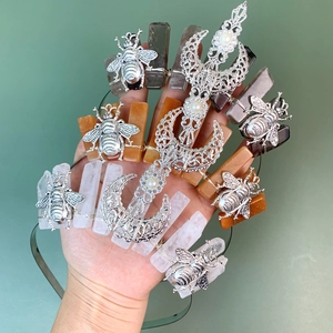 Bohemian Handmade Natural Crystal Crown Headband Silver Hollow Moon Bee Imitation Artificial Pearl Vintage Tiara Hair Accessories Women
