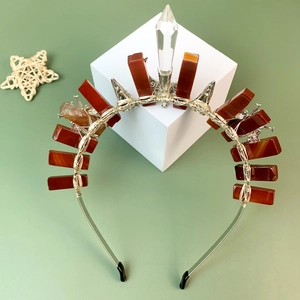Handmade bohemian crown headband with red agate stones and clear crystal point center