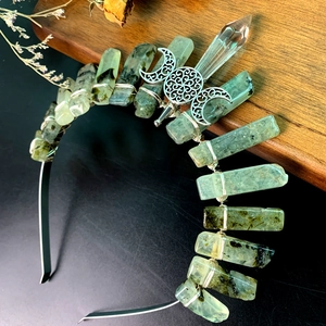 Handmade crown headband with light green crystals and silver hollow moon centerpiece
