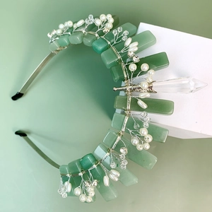 Handmade green aventurine flower crown headband with crystal pillar and pearls