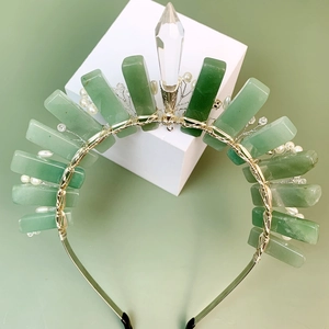 Green Aventurine flower crown headband with white crystal point and silver wire wrap