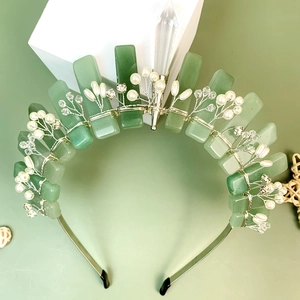Green aventurine flower crown headband with crystal pillar and pearl details